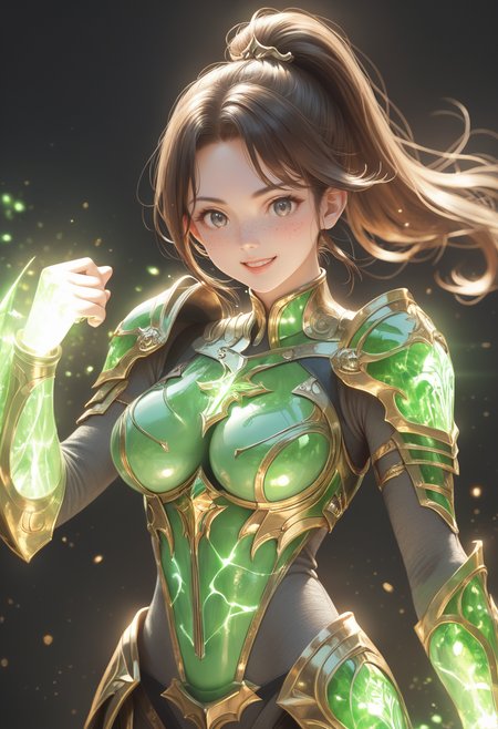 score_9, score_8_up, score_7_up, source_anime, masterpiece, best quality, perfect anatomy, very aesthetic, ((outlined outlined vector graphics)),no norm,
, cute face, (glow eyes:0.8), glittering, glimmering,, black background, cowboy shot, smile,__anlge__,
1girl, solo, 20yo, brown hair, gray eyes, (large breast:1), (ponytail:1.1), medium hair,(curvy:1.1),bangs, bodysuit, glowing, nature, skin tight, freckles,, holy armor,  green  bodysuit,green holy light body, green holy light armor, green holy light, green holy light legs,gold armor , fantasy,  standing ,  ,  action pose , , <lora:holy-light-armor-01:1>