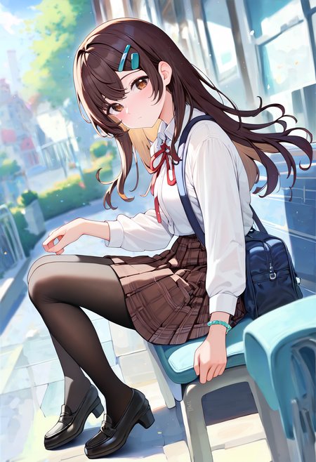 score_9,score_8_up,score_7_up,<lora:PDFA_Style5118164398:1>,1girl,solo,looking at viewer,brown hair,rim light,, :o, bag, black footwear, black pantyhose, black skirt, black socks, blurry, blurry background, bracelet, brown eyes, brown skirt, chair, closed mouth, collared shirt, day, depth of field, dutch angle, feet out of frame, floating hair, hair ornament, hairclip, high heels, jewelry, loafers, long hair, long sleeves, miniskirt, outdoors, pantyhose, plaid, plaid skirt, pleated skirt, school bag, school uniform, shirt, shoes, sitting, skirt, socks, sunlight, white shirt