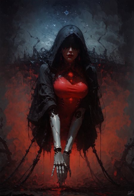 score_9, score_8_up, score_7_up,  robot girl, (robot joints, intervention unit, very complex robot, glowing chest:1.2), side view, full body, mechanical toes, solo, white long hair, large breasts, bangs, arched back, dark eyes, too tight burgundy hoodie, provocative, cosmic background, cables and wires everywhere, smirk, red theme, covered face  <lora:pony/twilight_style:0.8> <lora:pony/expressiveh:0.8> expressiveH <lora:pony/vixon_gothic_oil_style:0.7> d4rk01l <lora:sdxl/sinfully_stylish_sdxl>