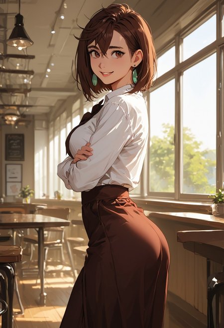 masterpiece,best quality, highly detailed, score_9, score_8_up, score_7_up, score_6_up, hyperrealistic,
 BREAK
 1girl, (((Momo Ayase, brown hair, medium hair, brown eyes, butt, slender, full breasts, thick thighs, sexy, adult, ))),  (((sexy pose, closeup, focus on face, waist up photo, portrait)),
, (((long sleeved shirt,, midriff, long skirt, tight skirt at hips, view from knees up, view from side, looking at viewer,, shy smile)))
(((Standing, by table,  , cute, cafe ))),, coffee shop, morning, by window, (((sexy setting,view from side, sunlight on body romantic, hidden))); , , vibrant colors, soft focus, textured surfaces, depth of field, dim, rich details,,background, (((solo)))