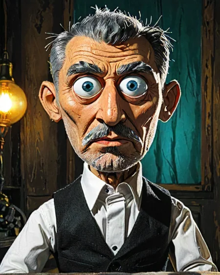 In a felt puppet world style, action shot of (1man,  old russian male:1.2), wise,  turquoise eyes, graying hair, buzz cut,  orbitgood-SDXL, OverallDetail-SDXL, <lora:Felt-Puppet-base-v1-000008:0.7> <lora:The_Pulp_Session:0.8> pulp neo-noir investigation, <lora:!action-sdxl-V0.5:0.7>