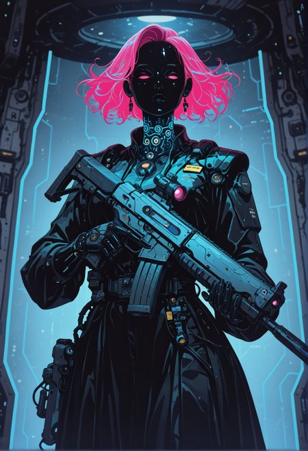 <lora:ck-shadow-circuit-IL:0.8>, 
masterpiece, best quality, good quality, very aesthetic, absurdres, newest, 8K, depth of field, focused subject,
in the style of cksc, whimsical ghostly woman hkbeauty, trigger discipline, otherworldly sci-fi weapon rifle,
 <lora:MoriiMee_Gothic_Niji_Style_Illustrious_r1:0.50> 
<lora:ck-nc-cyberpunk-IL-000011:0.3>
 timewarp, warphole, nistyle Incorporate dynamic lighting with glowing accents and sharp highlights, emphasizing a polished, high-tech appearance. Backgrounds should feature bold, geometric patterns or abstract digital elements, such as grids, streaking lines, creating a sense of motion and energy. Surfaces should appear reflective or metallic, with fine attention to detail in textures and shadows. The composition should feel cinematic and intense, with a focus on clean, precise lines and a sense of technological sophistication.