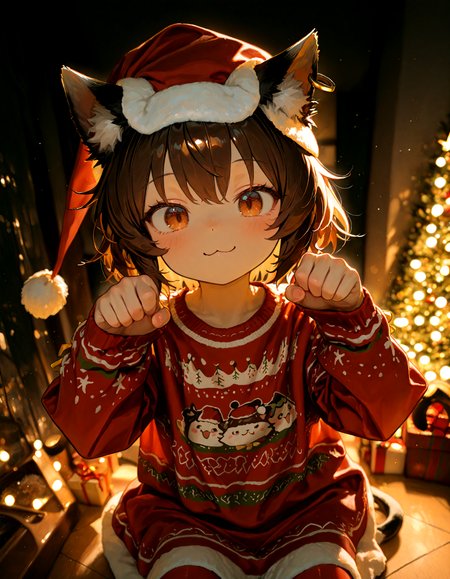 Christmas, dress, red pantyhose ,Christmas sweater,santa_hat ,
1girl, solo,  chen, soft lighting,looking at viewer, :3 ,paw_pose
masterpiece, best quality, amazing quality, very aesthetic, absurdres,  newest, (volumetric lighting),
<lora:world_christmassweater:0.5>,<lora:cfg_scale_boost:0.5>, <lora:ponyv5_noobE11_1_adamW:0.5>, <lora:illustrious_noobai_epsilon_pred_1_best_quality_v1:0.5> ,<lora:illustrious_noobai_epsilon_pred_1_masterpieces_v1:0.5> ,<lora:illustrious_noobai_epsilon_pred_11_very_aesthetic_v1:0.5>