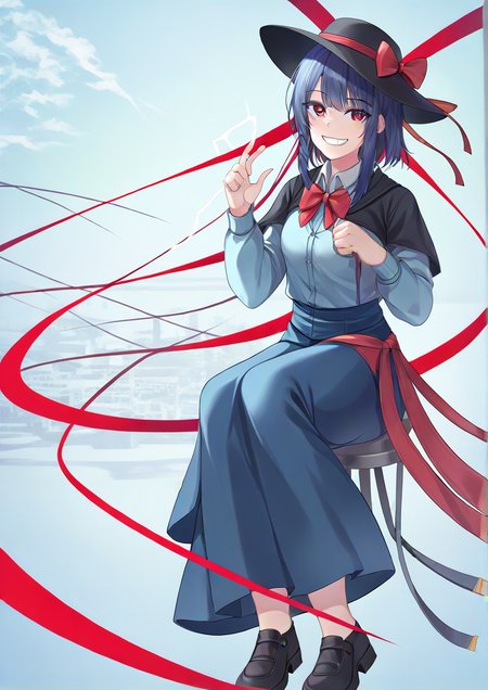 1girl, nagae iku, furry female, black footwear, black headwear, blue hair, bow, bowtie, capelet, cloud, electricity, floating, frilled capelet, frilled shawl, frilled sleeves, frills, grin, hagoromo, hat, hat bow, hat ribbon, head rest, long skirt, long sleeves, looking at viewer, mary janes, medium hair, red bow, red bowtie, red eyes, red ribbon, ribbon, shawl, shoes, skirt, smile, solo, 
 zPDXL3 <lora:siwaãã:1>