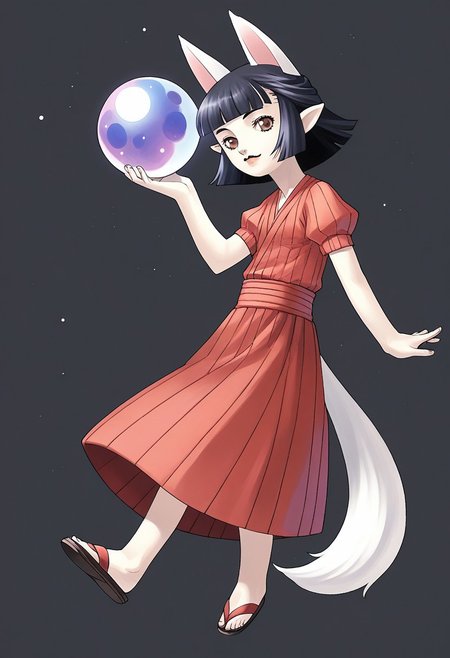 score_8, score_8_up, score_7_up, source_anime, BREAK kanekostyle, lipstick, eye shadow, eyelashes, 1girl, female focus, solo, Hasaha, animal ears, black hair, brown eyes, pointy ears, short hair, white tail, short stack, full body, simple background, white background, orb, looking at viewer, rating_safe