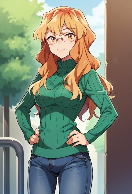 score_9, score_8_up, source_anime, 1girl, solo, SumikaChibana, long hair, glasses, outdoors, sweater, ribbed sweater, jeans, hands on hips, smile, <lora:ChamSumikaChibanaPonyXL:1>