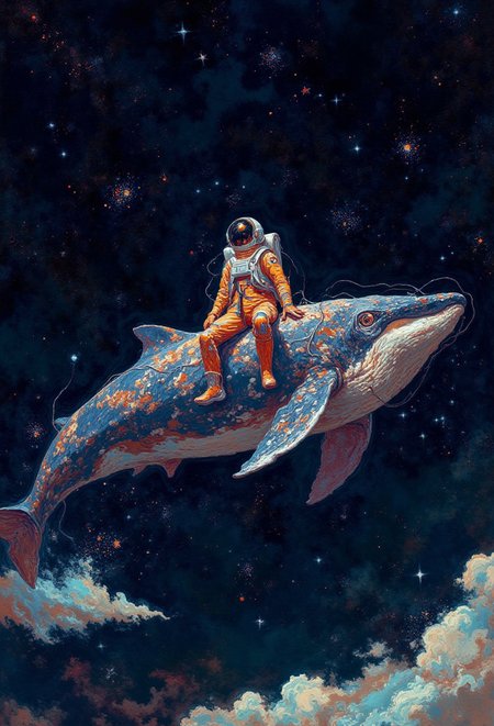 DB4RZ,<lora:FLUX-daubrez-DB4RZ-v2:1>, A thought-provoking illustration of an astronaut sitting gracefully atop a majestic whale, as they glide through an awe-inspiring star-filled sky. The astronaut dons a vivid, futuristic suit that contrasts boldly against the dark expanse of space. Surrounding them is a breathtaking backdrop of twinkling stars, creating a mesmerizing visual experience. The conceptual art piece masterfully captures the essence of adventure and exploration, inviting the viewer to embark on a cosmic journey through the vastness of the universe, all while being immersed in the illustration's vibrant colors and striking contrasts. The scene blends the grandeur of marine life with the boundless wonders of space, creating a unique and captivating vision.