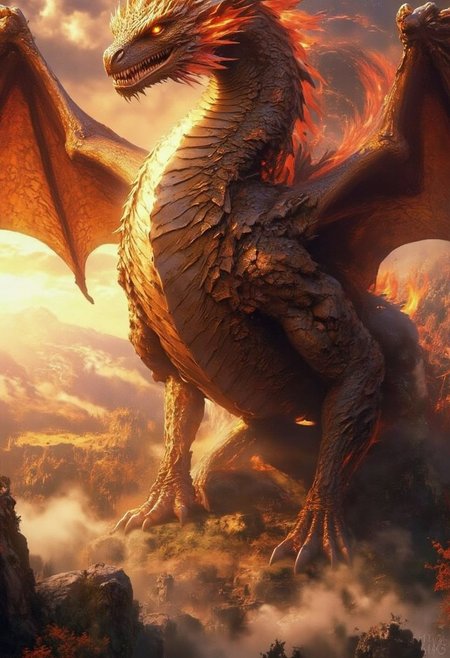 fantasy art, a dragon soaring in the air against the background of a bright sunset sky. a contrasting light illuminates the dragon, His huge wings shine with a fiery light. Below him, the forest stretches out in a haze, the smoke rises to the sky, adding drama to the scene
high_detailed, captured in high detail