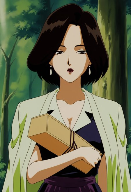 anime screencap,anime coloring,detailed face,masterpiece,best quality,very aesthetic,absurdres,official style,amazing quality,ultra detailed,highres,amazing quality,scenery,beautiful detailed hair,beautiful detailed eyes,
<lora:èæå­-IL V1:0.8>,Mxz,1girl,solo,short hair,makeup,earrings,retro artstyle,lipstick,black hair,black eyes,breasts,
jacket on shoulders,jacket,hakama,skirt,hakama skirt,