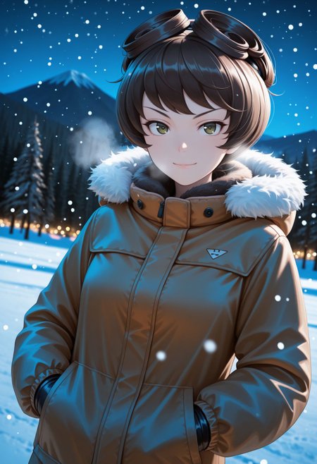 masterpiece,best quality,absurdres,highres,very aesthetic,high quality,detailed,insanely detailed,beautiful,perfect lighting, ,depth of field,blurry background,bokeh, looking at viewer, 
 <lora:Hosomi Shizuko  illu:1> 1girl, short hair, green eyes, brown hair, long sleeves, 
fur-trimmed hood, fur trim, ski goggles, goggles on head, jacket, ski gear, hood up, outdoors, winter, breath, (snowing), hands in pockets, gloves, night, night sky, nature, dutch angle, looking at viewer, brown eyes, sanpaku, mountain, scenery, forest, v-shaped eyebrows, closed mouth, light smile