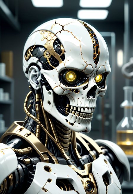 tribal warpaint, Cyberpunk,sci-fi,dark-fantasy,kodak portrait 400,8k,soft light,volumetric lighting,highly detailed,britt marling style 3/4,portrait photo of a war man cyborg robot in a chemical laboratory + face,face is skullbone with scares and cracks,intricate,elegant,highly detailed,kintsugi,white and gold,repaired with gold,2D motifs detailed dark fantasy digital painting,artstation,concept art,smooth,sharp focus,illustration. Cosmic light in backfront,