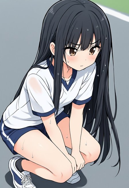 1gril, black hair, brown eyes, straight hair, very long hair, school gym uniform, blue shorts, white shirt, sneakers, sweating, hands on knees, outdoors, after workout