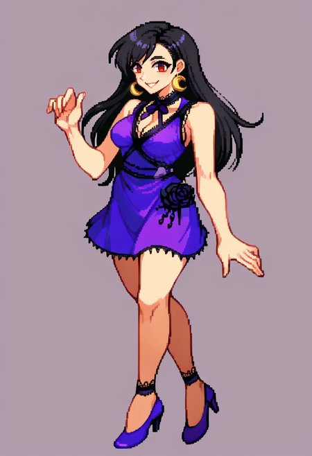 score_9, score_7_up, BREAK, solo, 1girl, smile, looking at viewer,  <lora:CPS2-pdxl_Fp:1>, simple background, full body, pixel art,  <lora:tifa-pdxl-nvwls-v1:0.8>, mdTif, red eyes, black hair, long hair, crescent earrings, lace choker, cleavage, purple dress, sleeveless, short dress, purple high heels
