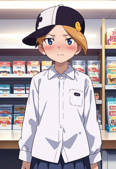 score_8, score_8_up, score_7_up, anime screenshot, source_anime, 1girl, female focus, solo, blouse, skirt, headwear removed, short hair, looking at viewer, blush, embarrassed, cowboy shot, indoors, store