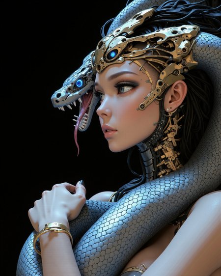 digital art, portraying a beautiful woman of legendary power and royal design, a cybernetic empress inspired by Cleopatra, radiating seductive elegance and synthetic perfection. Her form is a seamless blend of polished bronze and black chrome, soft matte ceramic plating sculpted into the curves of her cheek, collarbone, and neck. Thin lines of gold-circuit etching trace her face and shoulders like ancient ritual markings, glowing softly with internal energy. Her obsidian eyes—liquid and unreadable—lock onto the viewer with mechanical precision and human depth.
Her side profile is breathtaking—part flesh, part divine machine. The iconic nemes headdress is reimagined in gilded alloys, its fabric segments replaced by flexible, textured nanometal layers that ripple with light. The sacred uraeus cobra crown is fused into her forehead, its mechanical fangs poised forward, eyes glowing like twin suns.
Coiled around her in an intimate embrace is a massive python—also a biomechanical construct. Its coils wrap protectively around her torso and arms, silver-plated scales interlocking like armor plating. The snake’s head is positioned close—its mouth wide open in a dramatic, signature strike pose. Fangs like surgical blades gleam under ambient light, its tongue a segmented filament flicking outward. Hydraulic tension is visible in its open jaw and serpentine neck.
Despite the danger, there is affection in the composition—a strange tenderness between apex predator and empress. Their bodies touch without conflict; they are bonded, symbiotic, divine.
Focus on the hyperreal textures of biomechanical integration—skin to alloy, scale to plating. Lighting should come from embedded systems within the bodies and cool ambient glows, casting soft reflections on titanium and gold surfaces. The gaze of both beings pierces the viewer, a blend of post-human seduction and silent warning.
Mood: mythic futurism, divine symbiosis, elegance fused with destruction.
Style Reference: inspired by H.R. Giger’s biomechanical elegance, high-fashion robotics, and cyber-pharaoh symbolism. Think Blade Runner meets ancient Egypt in deep space.
Composition: intimate portrait close-up, cool-toned lighting, soft shadows, detailed focus on Cleopatra’s side profile and the python’s fearsome open mouth near her face.