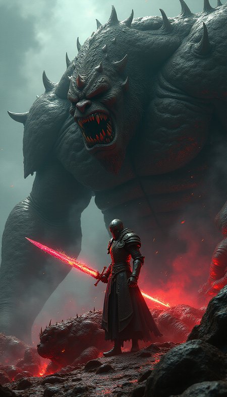 In a dramatic close-up, a titanic embellish ogre lies vanquished unconcious, its gargantuan frame sprawled across the sanguine-soaked terrain. The skinny knight, enshrouded in resplendent, crytal-like diamond-forged delicate transversive armor, stands in exalted victory, brandishing a scintillant reflexive crystal diamond blade. The armor’s prismatic facets refract raibow streaks of light with ambient luminescence aura, creating a dazzling aureole around the triumphant figure. Adhering to the golden ratio, the knight’s stern, elated countenance is rendered with acute focus, his visage a potent amalgam of indomitable resolve and triumphant ecstasy. The scene captures the dynamic crescendo of the confrontation, with the knight’s poised, commanding stance and the diamond sword suspended in mid-thrust, emphasizing the climactic denouement. The ogre’s grotesque, contorted visage accentuates the epic grandeur of the victory, framed within a composition of unparalleled dramatic intensity.