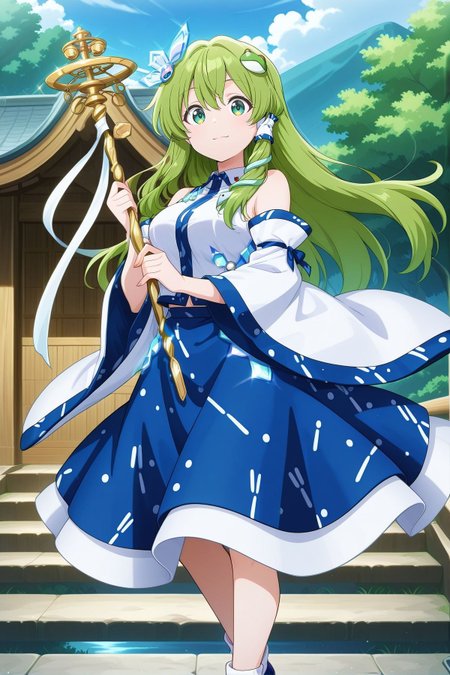 absurdres, highres, masterpiece, best quality, amazing quality, official anime artwork, screencap, anime screencap, outdoors, looking at viewer, light smile, dynamic pose, 
 <lora:Sanae-Kochiya_IllustriousV2:1> kochiya sanae, 1girl, solo, green eyes, green hair, long hair,, kochiya sanae \(hand in hand with a miracle\), adapted costume, crystal hair ornament, white shirt, detached sleeves, wide sleeves, blue skirt, white socks, blue shoes, holding staff, shakujou, staff, crystal,