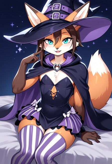 score_9, score_8_up, score_7_up, source_cartoon, 
Solo, one cute fox, male, girly body, posing seductively, (witch costume, short witch dress, ora ge striped leggings, anthropomorphic fox:1.4), on a bed, simple background, (dynamic view:1.2), SomSom Style, easynegative, negative_hand, muscle_mommy