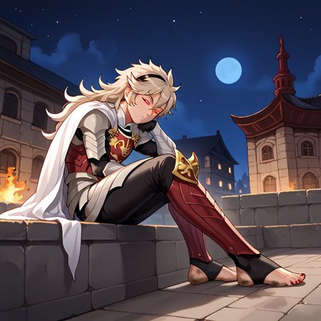 masterpiece, best quality, sharp aliasing, highly detailed, 1male, male body, male,EPfeCorrin, white cape with flames, armour, black gloves, black pants, wearing pants, outdoors, stone tiled ground, buildings, night, barefoot, toeless legwear, armoured legwear, shin armour, leg armour, leg and shin amour, stirrup legwear, black stirrups, 5 toes, Quality, High Definition, Full body view, solo, rengoku kyojuro, forked eyebrowns, long hair, two-tone hair, multicolored hair, red eyes, sword, red toenails, dirty feet, glowing eyes, side view, sitting on ledge, sleeping, snoring