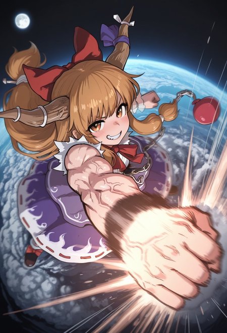 best quality, hires, from above, fisheye,
1girl, ibuki suika, 
vein, looking at viewer,
planetary destruction, moon,
muscular, clenched teeth, smile,
punching, uppercut,
motion blur, motion lines,
dynamic pose,