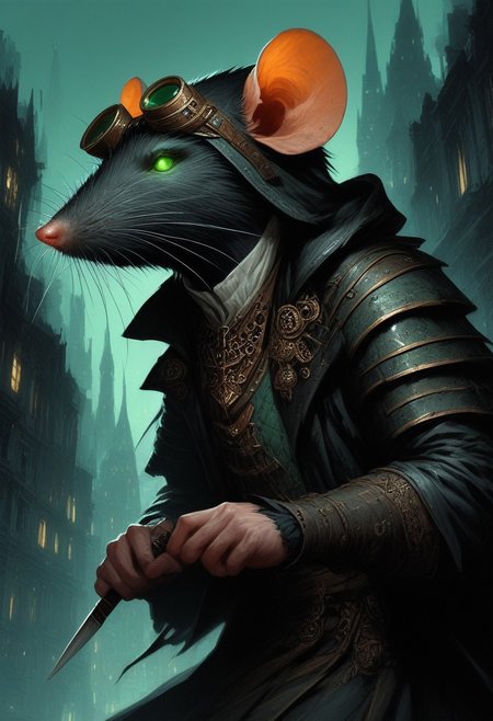 BREAK score_9, score_8_up, score_7_up,  victorian city, night, ominous, solo,  rat man, black longcoat, wearing goggles, green glow eyes, hood, knife, dynamic pose, leaning forward, fully body shot , leather armour, sneaking
(masterpiece, best quality, ultra detailed, intricate details:1.2), (detailed face:1.1), (rat folk:1.5) <lora:RPGRatFolkXL:1>