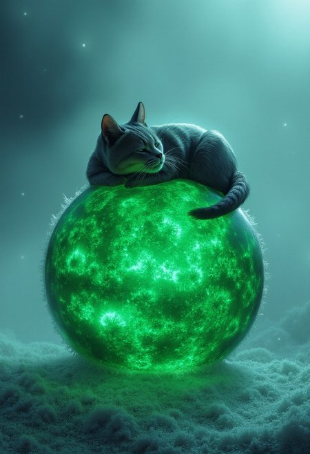 Hyperdetailed cat with sleek fur,  cat curled up peacefully atop a miniature glowing green sun, its fiery surface alive with swirling solar flares. The sun emits an eerie light that cuts through a dense, foggy beach, where delicate snow crystals fall gently from the sky, creating a magical atmosphere. The ground is blanketed in a soft layer of fresh snow, sparkling like diamonds under the glow of the sun. Frost clings to the grains of sand, contrasting with the warmth radiating from the sun's surface. The cat’s fur glistens as it rests undisturbed, embodying tranquility amid the contrasting elements. The fog rolls in thickly, softening the outlines of the surrounding landscape, while intricate details of the swirling snowflakes and mist enhance the dreamlike quality of the scene. Cinematic lighting highlights the cat and the glowing sun, casting ethereal shadows on the snowy terrain, creating a surreal, enchanting winter wonderland.