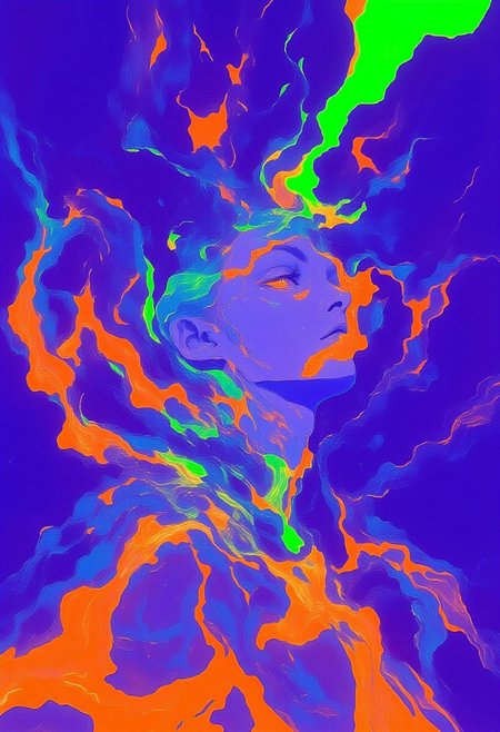 A physical avant-garde fashion painting featuring a pale, porcelain-skinned Caucasian woman, exuding minimalist elegance. The artwork is rendered in glowing radioactive green, electric blue, and toxic acid orange, with sharp, intricate detail highlighting the concept of impeachment. Her avant-garde outfit consists of sculptural, luminescent fabrics that twist into jagged, surreal forms, reflecting neon light with an almost liquid sheen. The wide-shot composition is set against an all-fluorescent purple backdrop, emphasizing simplicity through bold, brutal contrast. Abstract, fragmented shapes resembling shattered glass and liquid metal interlace with the figure, creating a conceptual fusion of contemporary art and dystopian fantasy. The background pulsates with toxic yellow and ultraviolet light, forming distorted, shifting patterns that enhance the surreal intensity. The piece challenges traditional artistic boundaries, immersing the viewer in an electrified, otherworldly atmosphere that defies convention and redefines the essence of art itself.