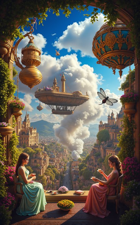 an ornate floating airship garden where Victorian ladies in pastel dresses sip tea surrounded by potted flowers and hovering brass dragonflies,view opens up to reveal an immense gear-filled city below,steam rising between rooftops,glowing signs and rotating cogs creating rhythmic shadows,vibrant lighting with backlit clouds,vivid storybook style,
<lora:aidmaMJ6.1v0.4:0.6>,aidmaMJ6.1,<lora:detailifier_sd3.5:0.8>,detailifier,