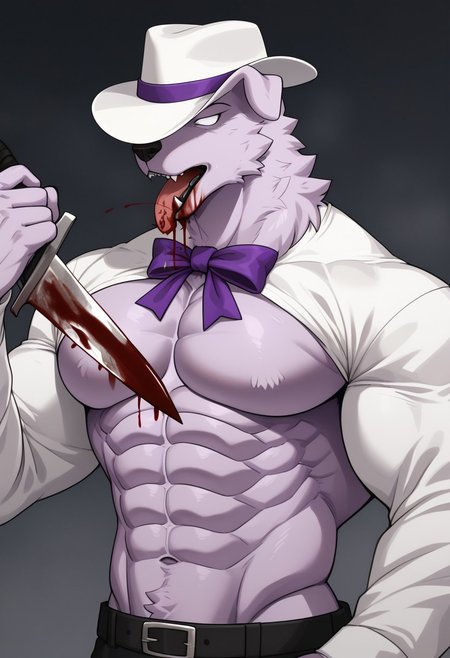 UHYEAH, light purple fur, completely white eyes,  white fedora with purple ribbon, Toned abs, male, Cut off at bust, large pecs, Holding Bloody Knife, Licking blood off knife, Covered in blood