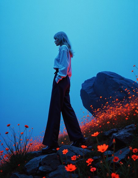 (Flower Power Revolution by Allen Ginsberg:1.0), outdoors., wide expanse of heavenly beauty, beautiful place., She appears to be walking away, full body, side profile, perfect female anatomy, in a sick looking place, (foggy:1.15)., Experimentation with light and shadow., beautiful woman standing on a rocky hill and posing., 
The image shows a full-length wide-angle shot of (Eva Green:1.07) in a dark spot with a large rock  in the background, 27 y.o beautiful woman in high heels, ([white | blue] shirt, full sleeves, pants), (looking over her shoulder detailed background bokeh:0.72), exudes confidence and attractiveness, 
soft natural volumetric cinematic perfect light, (high contrast:1.1), warm lighting, artstation, 4k, absolute sharpness, ~*~aesthetic~*~, ( merged with a Rorschach inkblot, illuminated by vibrant neon under a blacklight, Pin-up art by artist Earl Moran:0.57) 


, sharp focus, stark lighting, medium-format camera, art by Helmut Newton, fashion photography, high-contrast, dramatic lighting, striking composition, confident and empowered woman, strong and assertive pose, fashion, sensuality, high end clothing, luxury accessories,dynamic pose, bdsm props,,

igiex.  
.. 
. The background is minimalist, a gradient of shadowy blue tones, amplifying the ethereal and futuristic ambiance of the scene. The overall composition feels cinematic, blending high fashion with a science fiction aesthetic. . Exquisite cyberpunk. retroFuturism. . 
 (Depth of field), low saturation,detail. mythp0rt Stylish, charismatic.

(depth of field)
mythp0rt,
nigiex.  
