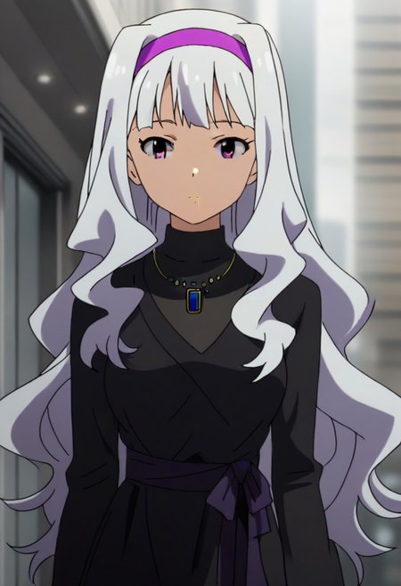 source_anime, uncensored, nsfw, <lora:Takane_Shijou_The_iDOLMSTER_2011_anime_art_style:.8>1girl, solo, grey hair, long hair, purple eyes, breasts, Takane black dress with green brooch outfit , purple hairband, jewelry, necklace, pendant, dress,