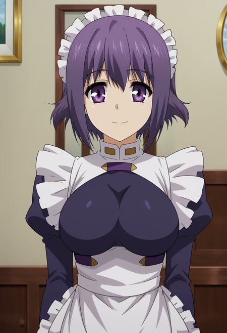 <lora:Cosette_Shelley-Dragonar_Academy:0.8>,1girl,solo,Cosette Shelley,short hair,purple hair,purple eyes,large breasts,,maid,maid headdress,apron,upper body, looking at viewer, smile,indoors