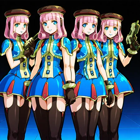 HDA_MasterpieceXL_v1.2, several girls, multiple girls, 6+ girls, <lora:Lou_-_Phantasy_Star_Series:1> LouIL, curly hair, pink hair, blue eyes, blue skirt, shoulder pads, garter straps, blue lips, gloves, hat, thighhighs, android, blunt bangs, robot ears, expressionless, holding weapons, smile, wink,