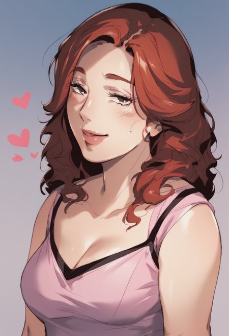 score_9, score_8_up, score_7_up, 1girl, mature_female, large_breasts, portrait, solo, Standing, hands forming a heart shape, fisheye, (Pink Camisole), Auburn hair, face, rating_safe, <lora:pony\artist_styles\ishidaya_pony:1.0>