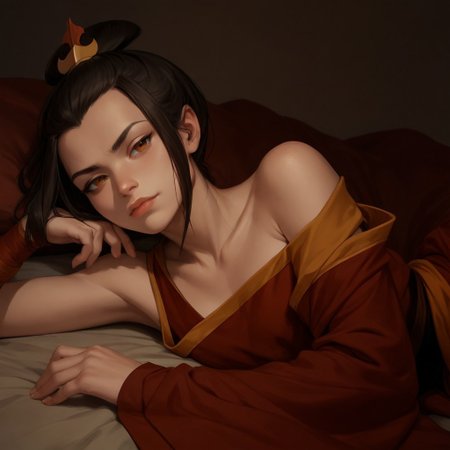 score_9, score_8_up, score_7_up, score_6_up, score_5_up, score_4_up, rating_safe, 1girl, AzulaFire, sexy pose, laying on side, exposed shoulder