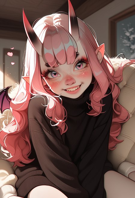 score_9, score_8_up, score_7_up, highly detailed, sharp focus, HD, (1girl:1.4), ((solo)), ((pale skin:1.3)), (cute young oni girl:1.5), small sharp horns, (big expressive eyes:1.3), (soft pink blush:1.2), ((long fluffy pastel pink hair:1.4)), slightly messy hair, shy smile, wearing a cozy sweater, (small black horns:1.3), (pointy ears:1.2), (tiny bat wings:1.2), soft freckles, fantasy-inspired outfit, (Japanese-style modern room:1.4), cozy house interior, warm lighting, sitting on a plush futon, hugging a pillow, cute pose, playful expression, charming, soft anime shading, ultra-detailed fabric folds, elegant color balance, soft glowing ambient light
 <lora:Expressive_H:1> <lora:incase-ilff-v3-4:0.6> <lora:MoriiMee_Gothic_Niji_Style_Illustrious_r1:0.7>