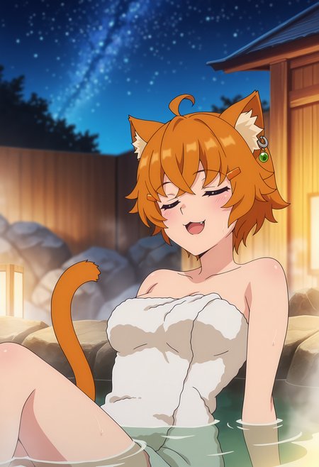 anime screencap, masterpiece, best quality,
<lora:ARankParty(Aparida)_NeneShifindle_IlluXL_v2:0.9>,
1girl, solo, open mouth, :3, light smile, fang, blush,
ahoge, short hair, orange hair, closed eyes, hairclip, single earring, animal ears, cat tail, orange tail,
naked towel, medium breasts, steam,
partially submerged, leaning back,
outdoors, onsen, night, starry sky, photo background, blurry background