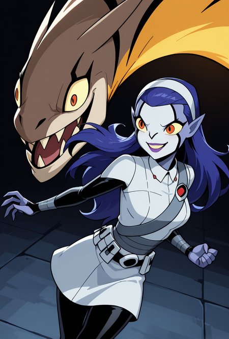 <lora:rookshar-10:1> rookshar, blue hair, colored skin, yellow sclera, long hair, 1girl, purple lips, white hairband, pointy ears, white suit, black sleeves, black pants, white skirt, short skirt, utility belt, smile,  sharp canines, teeth, dynamic pose,, masterpiece, best quality, amazing quality, very aesthetic, absurdres, newest,