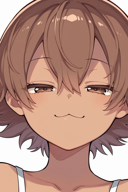 {{masterpiece,best quality,amazing quality}},
BREAK
1girl, solo, portrait, upper body, looking at viewer, simple background, tan skin, brown hair, short hair, :3, smug, narrowed eyes, hair between eyes, brown eyes
 <lora:Kishida_Koara_Style:1>