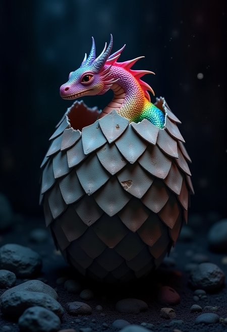 create a 16k resolution, highly detailed and realistic scaley dragon egg, the top of it is cracked open and jagged, with a rainbow dragon peeking out of the top of the egg, it gives off a rainbow glow all around the top of the egg, the rest of the image is dark and dimly lit as if it were in a cave