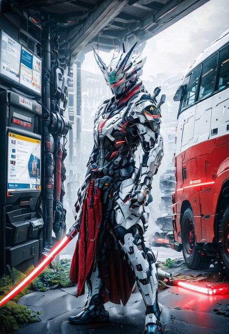 front view, BUS STATION, WAITING,  WHITE CYBORG WARRIOR, score_9, score_8_up, score_7_up, score_6_up, score_5_up, score_4_up, UHD, 8K, masterpiece, detailed, ultra_high_resolution, lots of detail, Ultra detailed photo realistic background, lots of detail, RED ILLUMINATED SWORD, cyberpunk, mad-hdwr, cyberpunk.