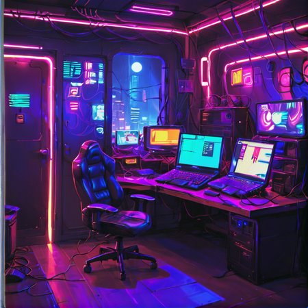 score_9, score_8_up, score_7_up,score_6_up, score_5_up, score_4_up, BREAK  <lora:gits95environment:0.8>,
gits95, , computer, no humans, monitor, scenery, cable, chair, keyboard (computer), laptop,night,neon,cyberpunk,retro theme