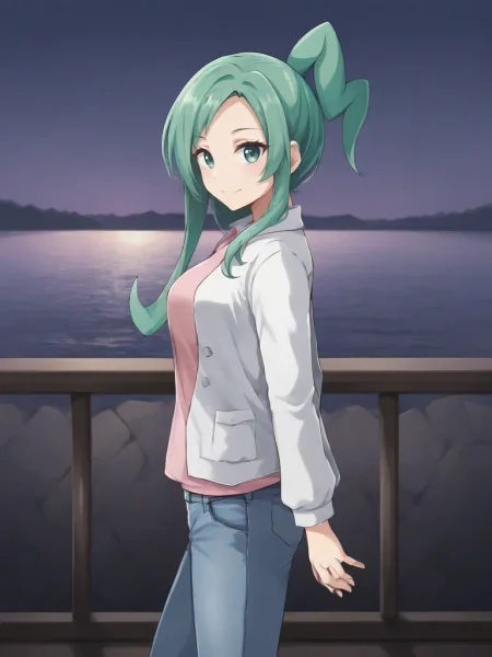 <lora:ORAS_Lisiatsukishiro:0.7>
1girl, solo, luistia, idol, green hair, aqua hair, long hair, asymmetrical hair, green eyes, white jacket, pink shirt, jeans pants, outdoors, night, balcony, sea, from side, looking at viewer, smile