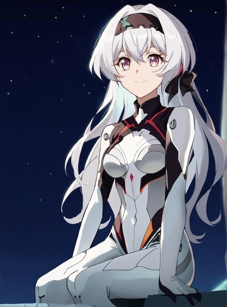 score_9, score_8_up, score_7_up, score_6_up, score_5_up, score_4_up , source_anime, anime screencap, <lora:Symphogear_Style:1>symphogearstyle  <lora:Fifefly_-_26710_Honkai_Star_Rail:0.8>fireflypilotsuit, silver hair,solo, long hair, bodysuit, medium breasts, hairband, white bodysuit, bangs, plugsuit, black hairband, smile, night sky, starry sky, sitting, wind_blowing