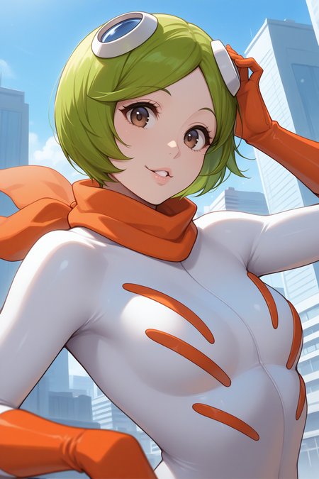 masterpiece, best quality, 1girl, solo, <lora:kunamashiro-illu-nvwls-v1:1> knmshir, green hair, short hair, brown eyes, lips, blue goggles on head, orange scarf, white bodysuit, orange gloves, upper body, looking at viewer, blue sky, city, smile, parted lips, stomach