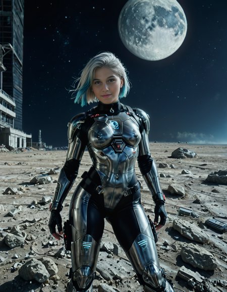 <lora:extremely_detailed:0.4> extremely detailed, <lora:moon_surf4c3_v2:1>,looking at viewer, 
A woman,white hair, standing on the surface of the Moon,moon surf4c3, dressed as a cyberpunk warrior. The woman has short silver hair with subtle neon blue highlights, slightly floating as if in low gravity. She is wearing a sleek, futuristic cyberpunk armor suit made of glossy black metallic plates and synthetic fabric, illuminated by glowing neon blue and purple accents. Her armor includes visible circuits, cables, and a partial exoskeleton on her arms and legs. She wears reinforced boots with miniature thrusters.
Her expression is determined, with a faint hint of battle scars on her face and subtle cybernetic makeup that reflects light. She holds a futuristic energy sword in one hand, the blade glowing with a translucent electric blue aura. On her left wrist, a holographic interface is projected, showing futuristic graphs and symbols.
The surface of the Moon around her is rugged and gray, covered with craters and scattered rocks. In the background, the Earth appears large and vibrant in the sky, showcasing its blue oceans and green continents. The blackness of space surrounds the scene, filled with sparkling stars. Some abandoned robotic structures or antennas are visible in the distance, adding a sense of mystery.
The lighting is a mix of cold silver moonlight and glowing reflections from her armor and weapon, creating a futuristic sci-fi atmosphere. The image is highly detailed and photorealistic, inspired by modern science fiction artwork. The dominant colors are silvery grays, neon blues, purples, and black metallic tones.<lora:SDXLFaeTastic2400:0.4>, Masterpiece,best quality,hi res,8k,hi res,8k,award winning,(sharp focus, intricate, highly detailed),