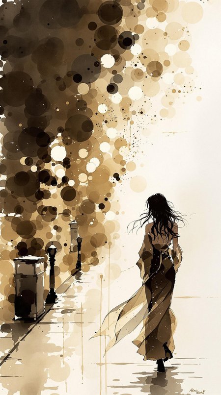 Watercolor Ink Wash, Inkplash art on rice paper, sepia, henna , Silhouette Art, magnificent, stunning japanese woman, long flowing hair, sidelocks, dark eyeshadow, silhouetted at night, walking down city street, bokeh, chiascuro, dark abstract background