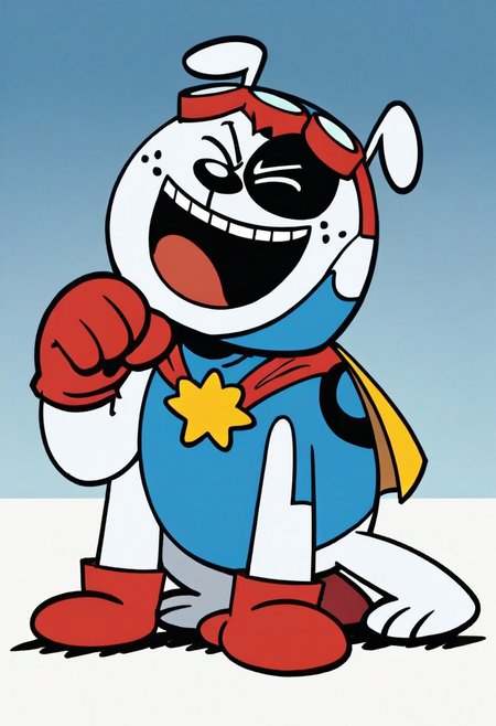 (score_9 | score_8_up | score_7_up) ((masterpiece:1))(best quality,very high quality,ultra detailed:1.2) (2D,cartoon style,anime style)(Smooth:2)(clean blurring) (four fingers on each hand,one thumb on each hand:1), solo, charles, dog, paws, dog paws, black spot on left eye, white, white fur, allá fours, happy, red blue and yellow super hero costume, blue super hero costume, super hero, red goggles, two side winged headpiece, yellow cape, thick red boots, red glove, 'A' Logo in the middle,