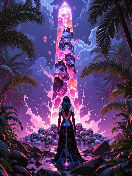 famous artwork, hyper-realistic, photo-realistic, award-winning 80s cinematic fantasy movie scene in an otherworldly jungle featuring a gorgeous woman, highly aesthetic, high resolution, uhd, 8k, 4k, dramatic, epic, meticulous, accurate, at night, dynamic, perfect symmetry, in the heart of the jungle, where shadows dance and bleed, a beautiful chaotic melody, where depravity finds its seed, neon lights paint a picture, of a world immersed in sin, a collision of emotion and violence, where numbness dwells within, iridescent obelisk, maw with a thousand teeth, iridescent shards, pile of human skulls, shattered cosmos, neon hues, color contrast, the color palette is predominantly blackberry purple and jet black and burgundy and ultramarine blue and sea green and taupe, lovecraftian, cthulhu mythos, ovg, in the style of ckpf, dndgr41nyb0yz style, <lora:style-dnd_grainyboyz-romulus-flux-by_kimwithdapuss:0.32> <lora:style-painterly_fantasy-flux-by_chronoknight:0.32> <lora:style-retro_anime-flux-by_lizardman245:0.24>