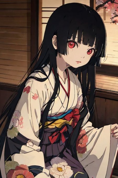 enma_ai <lora:em_ai_v1:1>, masterpiece, best quality, 1girl, solo, enma ai, black kimono, floral print, japanese clothes, sunset, twilight, beautiful, gravure, hime_cut, blunt_bangs, very_long_hair, shouji, window, tatami, scenery, cinematic lighting, <lora:add_detail:1>, masterpiece, best quality, perfect composition, <lyco:GoodHands-beta2:1.0>
Negative prompt